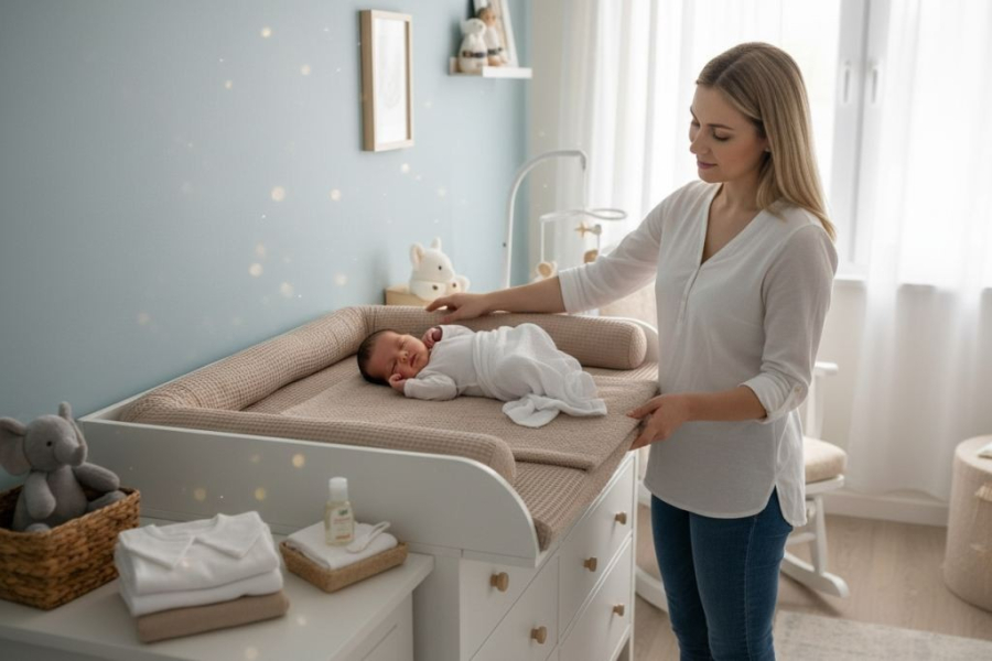 Wickelauflage mit abnehmbaren Bezug und wasserdichter Matratze - cappuccino